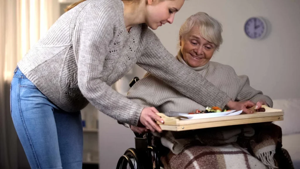 Aide à domicile apportant un plateau-repas à une femme âgée en fauteuil roulant