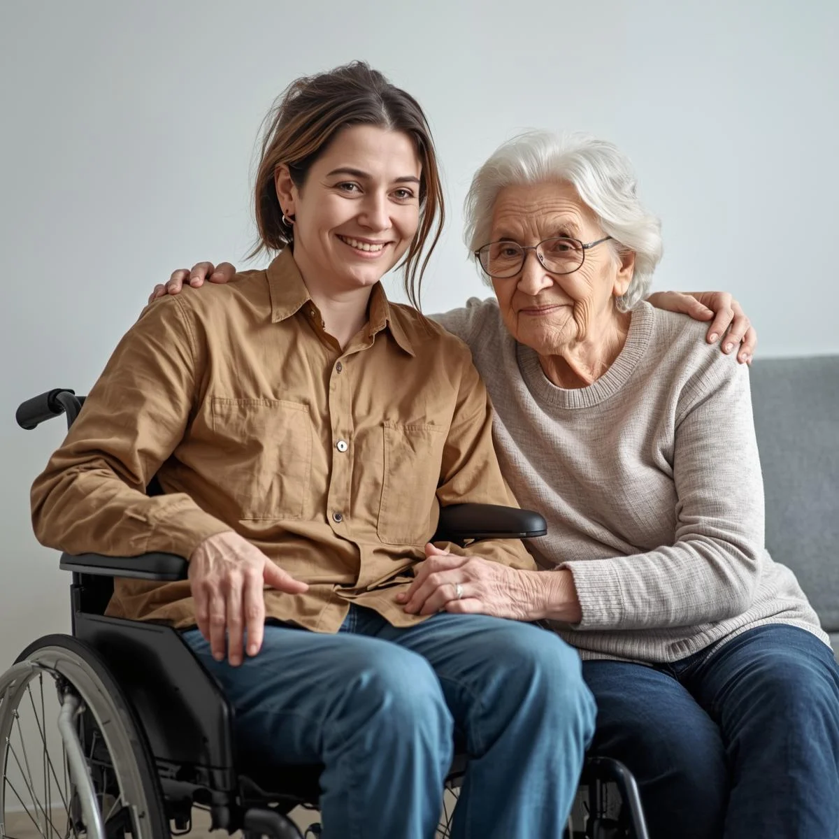 Femme accompagnant une femme âgée en fauteuil roulant